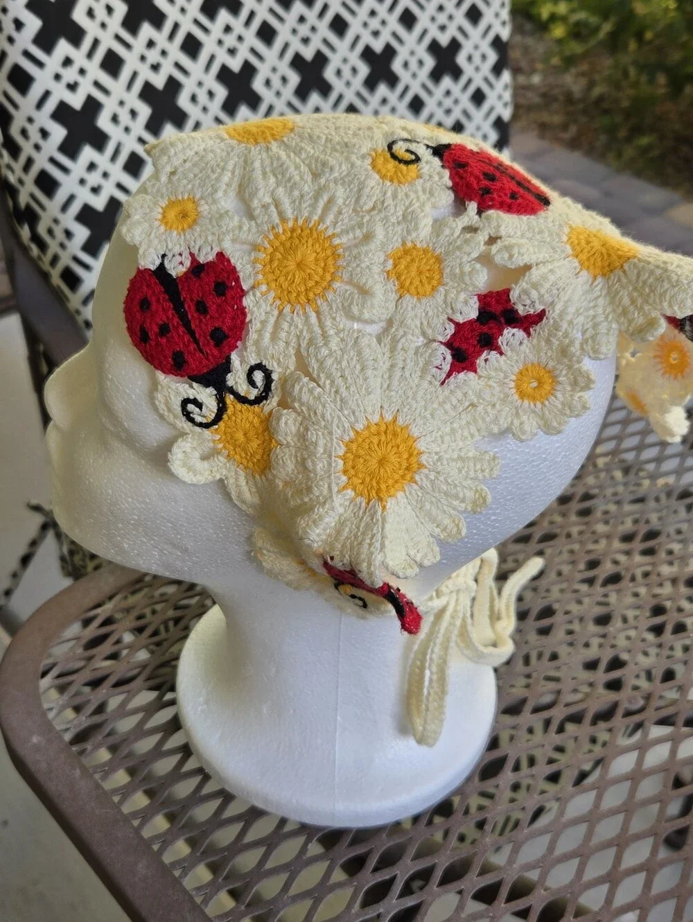 Crochet Daisy & Ladybug Headscarf - Cream and Yellow